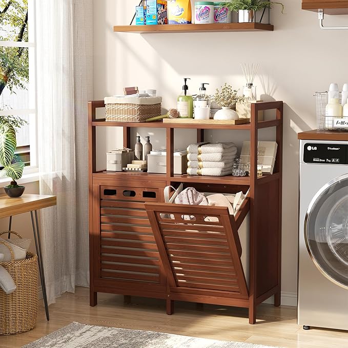 Homykic Tilt Out Laundry Hamper Cabinet, Bamboo Double Laundry Hamper - Image 3