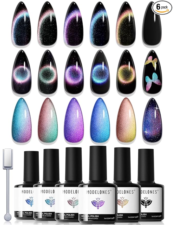 modelones Cat Eye Gel Nail Polish Set, 6 Colors Holographic Colorful Rainbow by MODELONES
