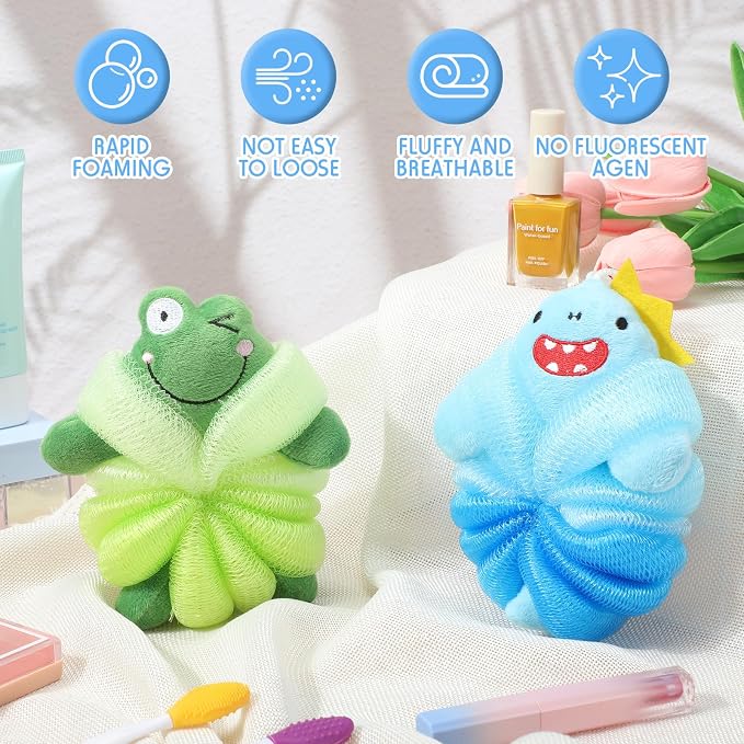 Nuenen 2 Pcs Bath Loofahs Kids Toddler Cute Cartoon Bath Sponges Loofah Pouf - Image 4