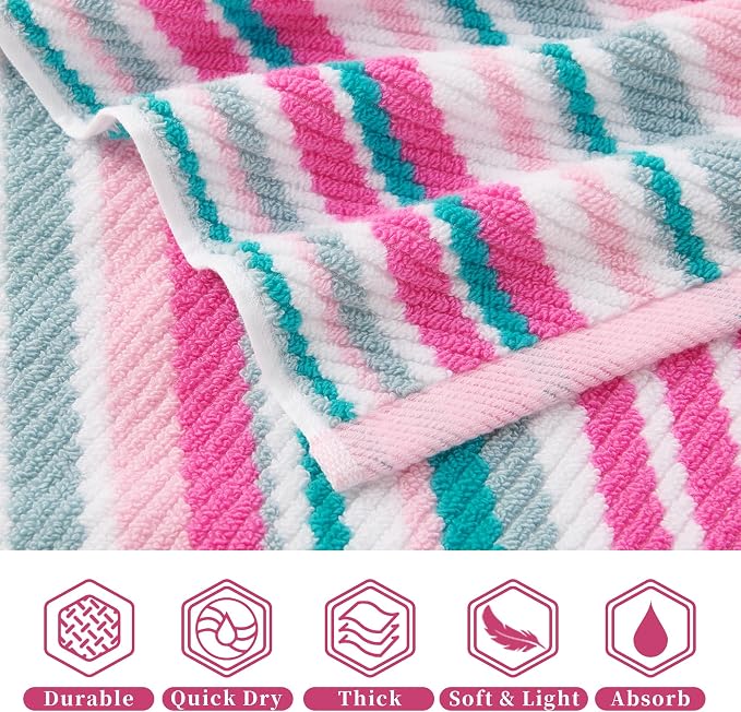 VOOVA & MOVAS Pink Soft Washcloths Set, Wash Cloth 13" x13, Striped Absorbent - Image 3