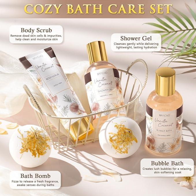 Mothers Day Birthday Gifts for Women, Vanilla Coconut Relaxing Spa Gift Baskets - Image 4