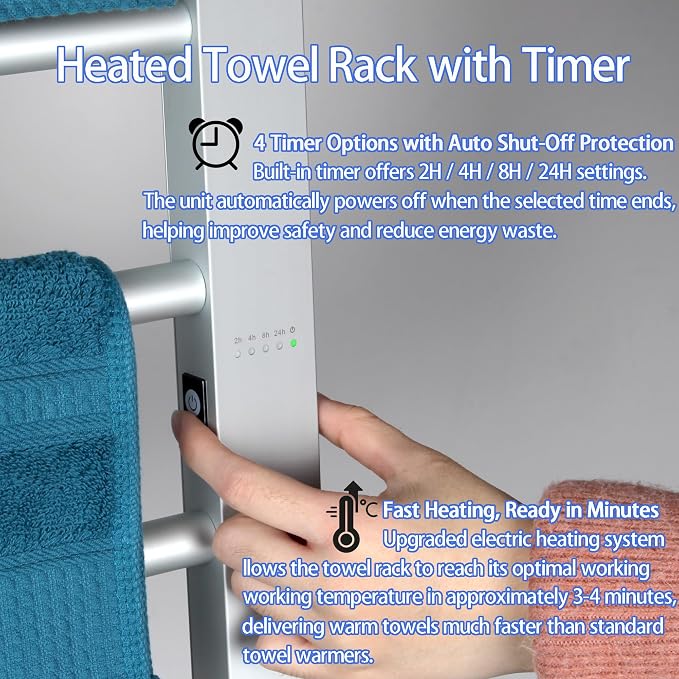 Heated Towel Rack with Timer, 8-Bar Electric Towel Warmer - Image 6