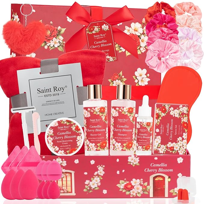 35 Pcs Valentines Day Gift for Women, Cherry Blossom Rose Bath and Body Basket by SaintRoy
