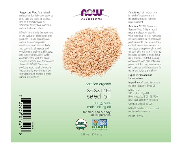 NOW Foods Solutions, Organic Sesame Seed Oil, 100% Pure Moisturizing Oil - Image 2