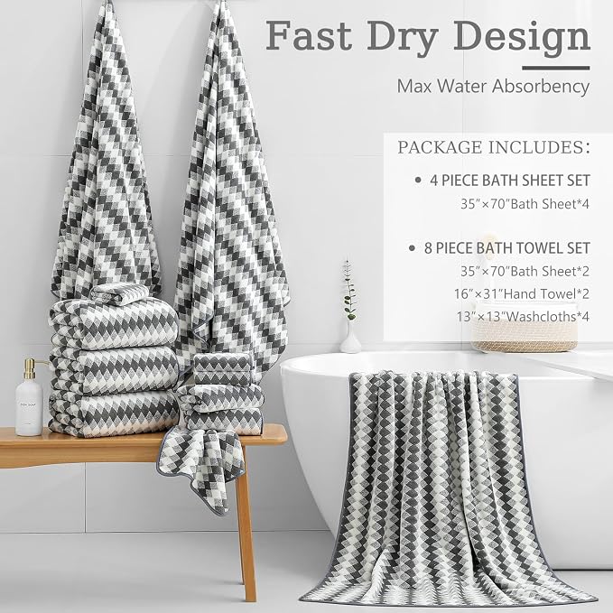 8 Piece Bathroom Towel Set Dark Grey|2 Oversized Large Bath Towels Sheet - Image 4