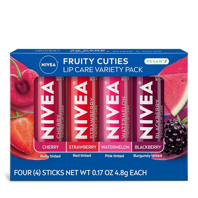 NIVEA Lip Care, Fruity Tinted Lip Balm Variety Pack, Strawberry, 3-in-1 Moisture by Nivea