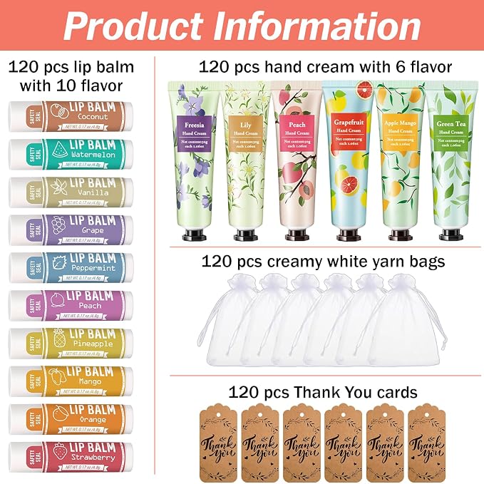 AZEN 120 Sets Bulk Gifts, Hand Cream and Lip Balm Bulk Set - Image 2