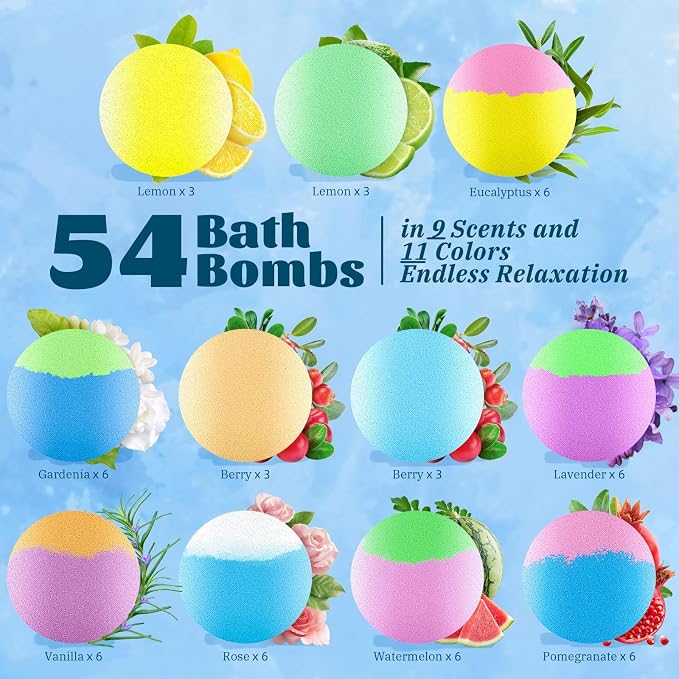 54 Pack Handmade Bath Bombs – 11 Vibrant Colors & 9 Unique Scents, Long-Lasting - Image 2