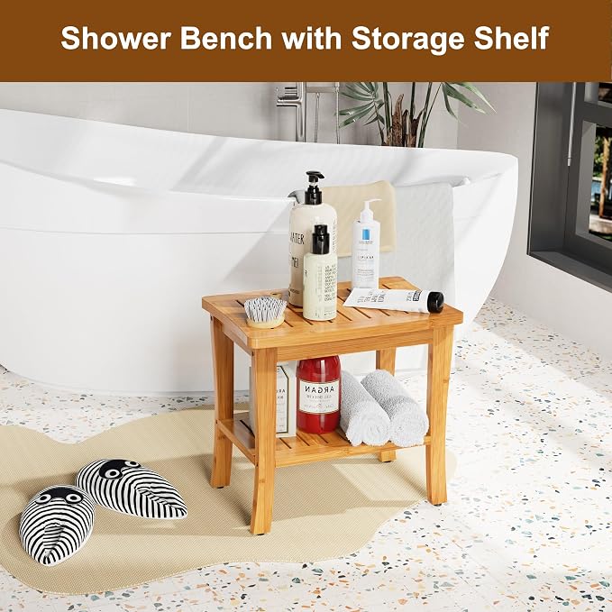 Bamboo Shower Bench Stool with Storage Shelf Waterproof Shower Chair Spa Bath - Image 2