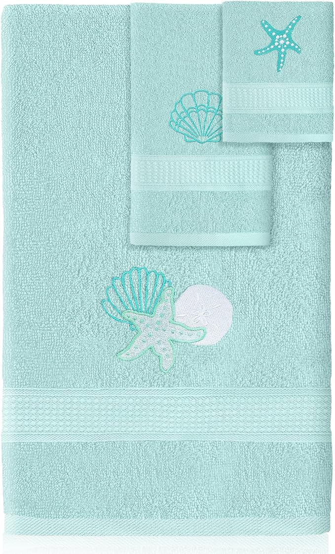 3 Pcs Coastal Seashell Bathroom Towel Set Farmhouse Embroidered Coastal by Unknown