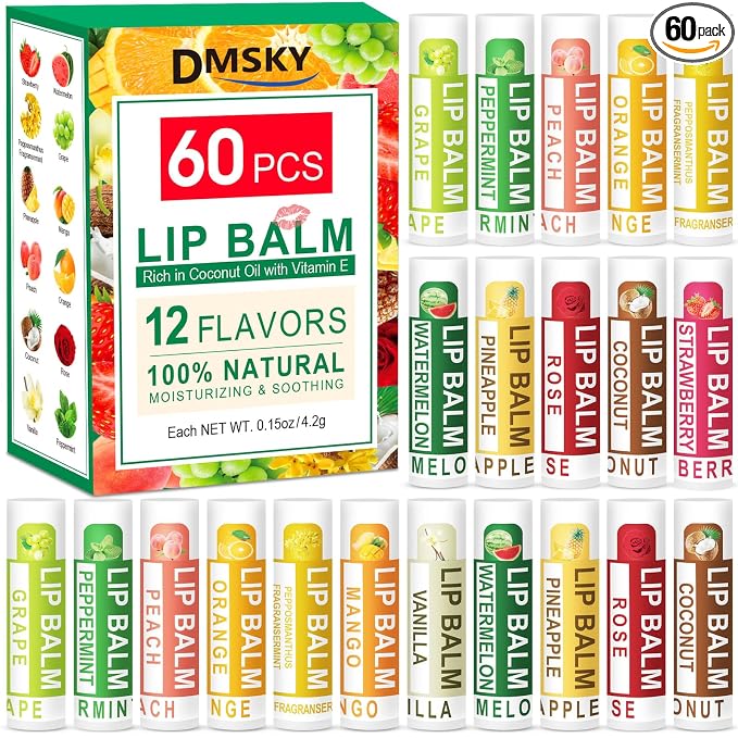 DMSKY 60 Pack Lip Balm, Natural Lip Balm Bulk, Moisturizing Lip Balms by DMSKY