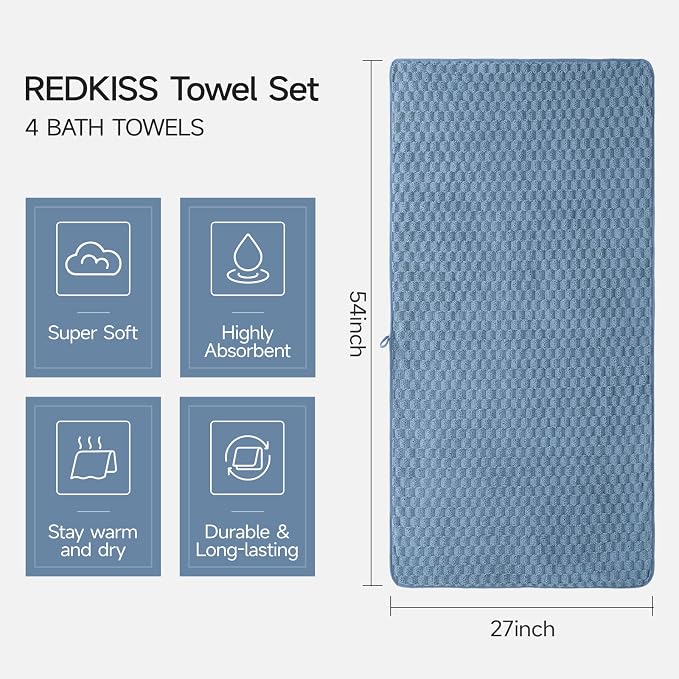 REDKISS 4 Pack Blue Microfiber Bath Towels - Image 2