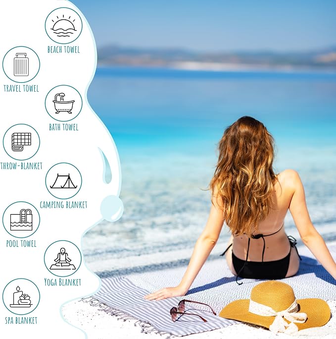 RAY SILVER Turkish Beach Towel – 100% Turkish Cotton 40"x71" Quick Dry - Image 3