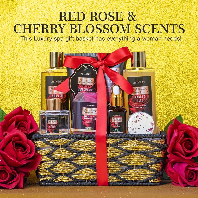 Luxury 14 pcs Cherry Blossom & Rose Bath and Body Basket Gift, Face Skin Care - Image 9