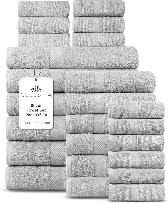 100% Cotton Bath Towel Set of 24-6 Bath Towels, 6 Hand Towels, 12 Wash Cloths by VillaCelestia