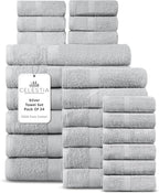 100% Cotton Bath Towel Set of 24-6 Bath Towels, 6 Hand Towels, 12 Wash Cloths by VillaCelestia