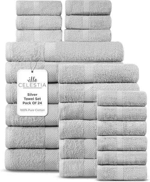 100% Cotton Bath Towel Set of 24-6 Bath Towels, 6 Hand Towels, 12 Wash Cloths by VillaCelestia