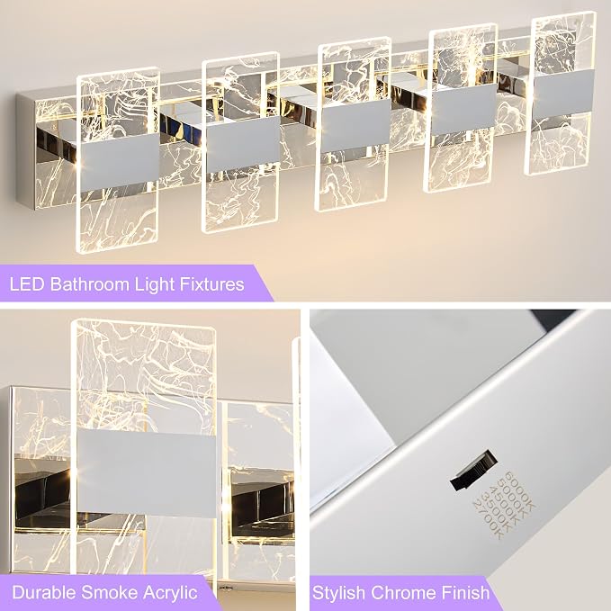 Modern LED Bathroom Light Fixtures Dimmable 5-Light Chrome Vanity Light - Image 6
