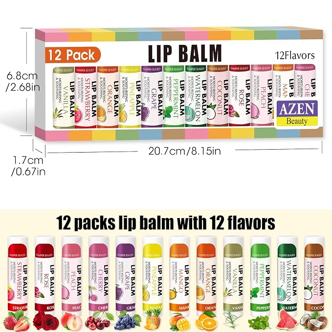 AZEN 12 Pack Lip Balm Bulk, Moisturizing Lip Balms - Image 9
