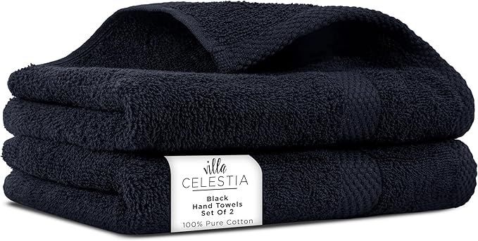 100% Cotton Hand Towel Set of 2, Sustainable, Highly Absorbent, Quick Drying by VillaCelestia