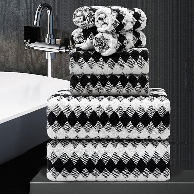 8 Piece Bathroom Towel Set Black White|2 Oversized Large Bath Towels Sheet by MAGGEA