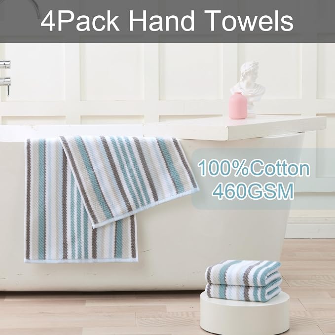 Quick Dry & Highly Absorbent 100% Cotton Aqua Striped Hand Towels - Image 4