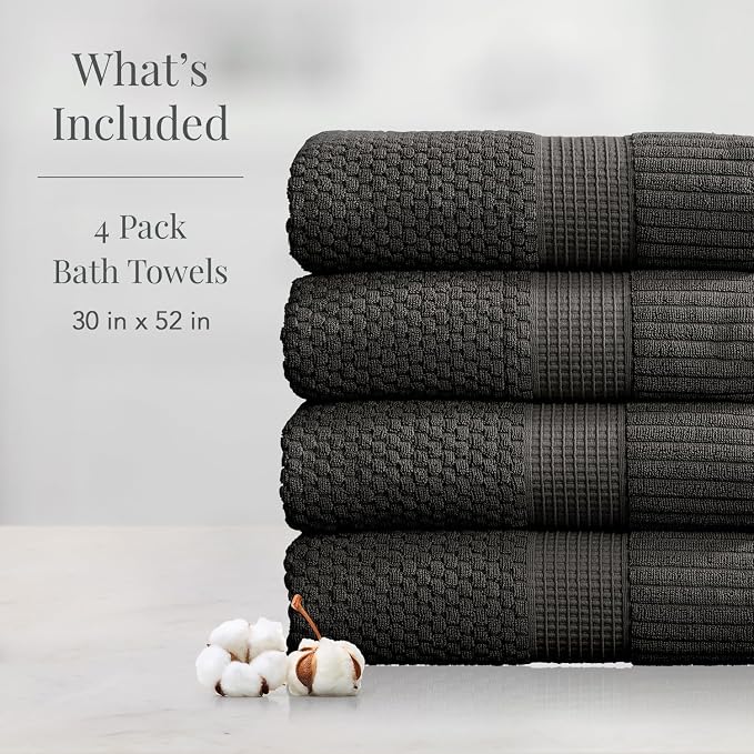 NY Loft 100% Cotton 4 Pack Bath Towels, Dark Grey, OEKO-TEX Certified, Machine - Image 2