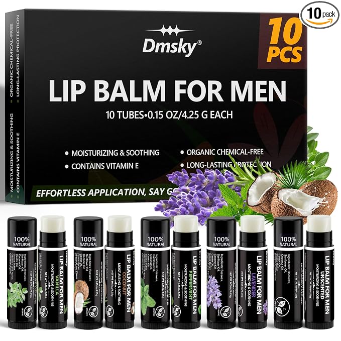 10 Pack Lip Balm for Men, Hydrating Natural Chapstick Bulk Vitamin E and Beeswax by DMSKY