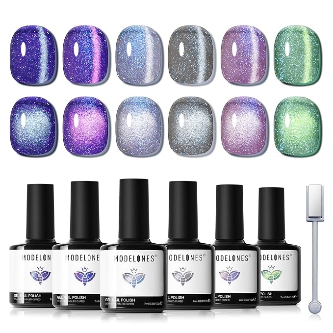 modelones Cat Eye Gel Nail Polish Set, 6 Colors Aurora Galaxy Pearlescent 9D - Image 8