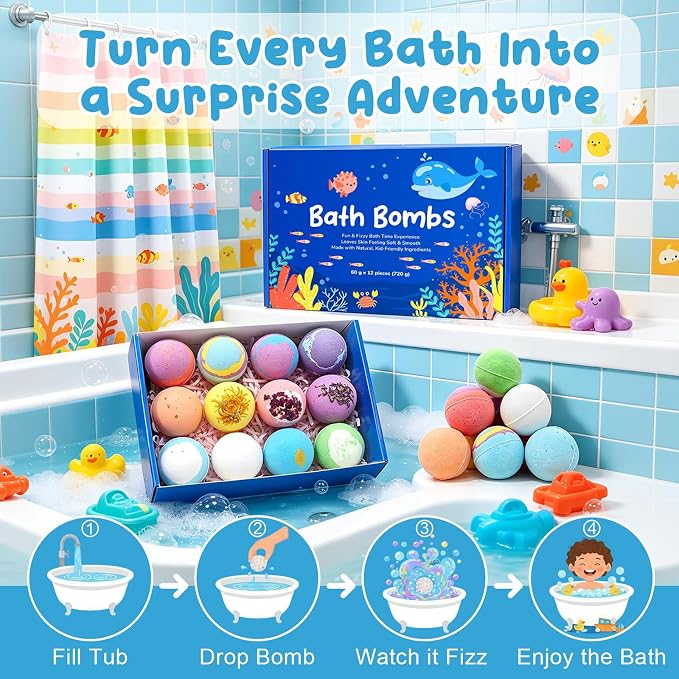 12 PCS Natural Bath Bombs with Toys Inside, Upgrade Fizzy Bubble Bath Gift Set - Image 2