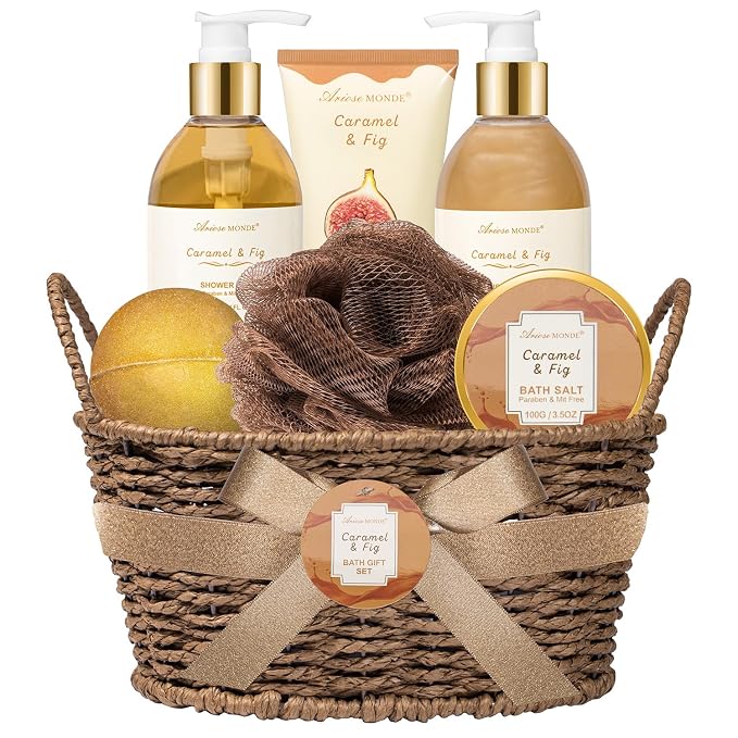 Christmas Gifts for Women Spa Baskets for Women Gift, Warm Caramel & Fig Bath by Ariosemonde