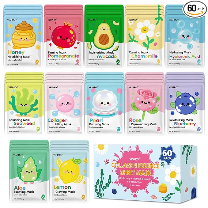 60 Pack Bulk Collagen Facial Masks, moisturizing & Hydrating Face Masks by VESPRO