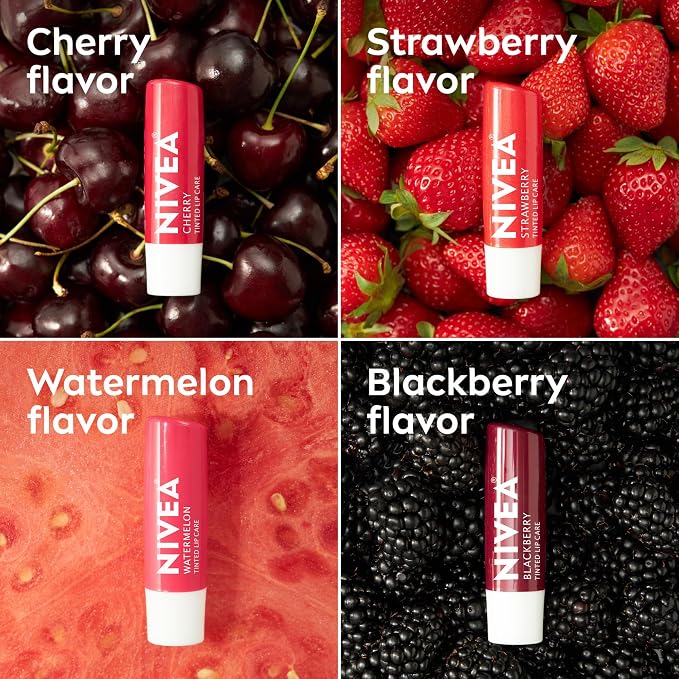 NIVEA Lip Care, Fruity Tinted Lip Balm Variety Pack, Strawberry, 3-in-1 Moisture - Image 5