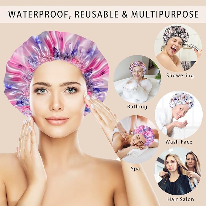 4 PCS Shower Caps for Women, Printing Bath Caps, Double Layers Shower Cap - Image 3
