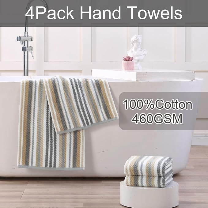 Beige Striped Hand Towels, Bathroom Hand Towels Set of 4, Soft Towel Set - Image 3