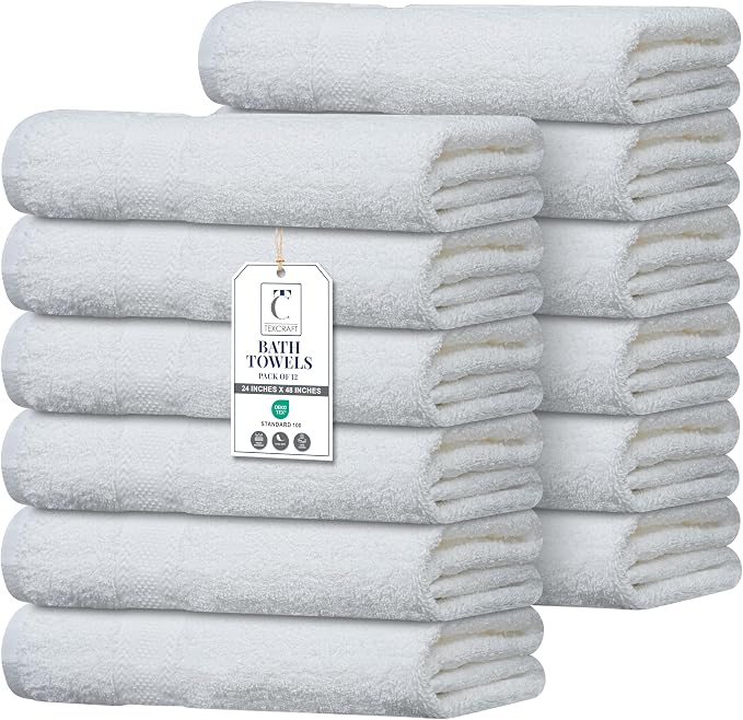 Commercial Bulk Pack of 12 Bath Towels – 100% Cotton Terry 24" x 48" – Ideal by TEXCRAFT