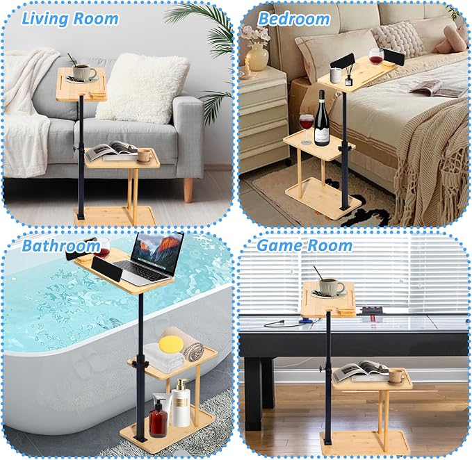 3 Layer Bath Tub Tray Table Liftable Freestanding Bamboo Bath Tray Caddy - Image 6