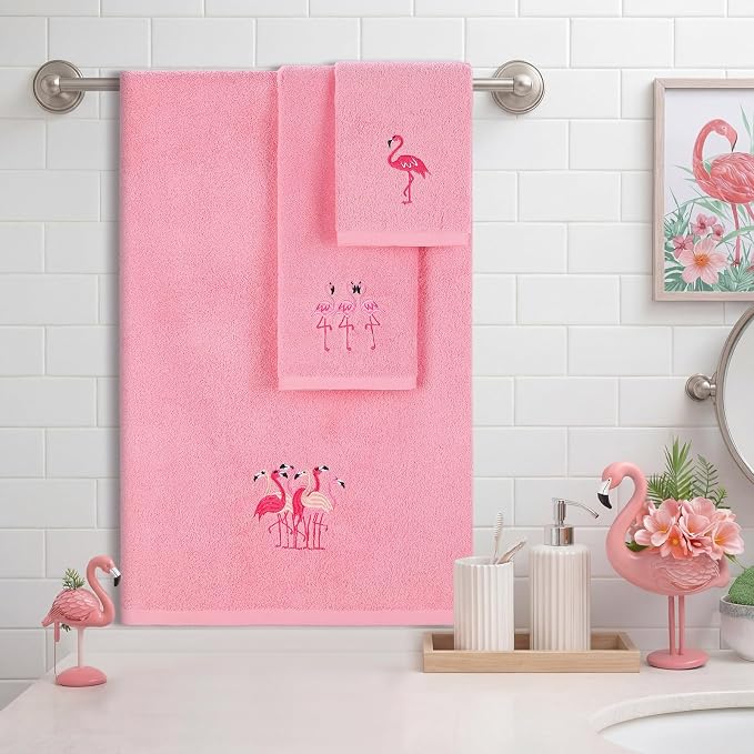 3 Pcs Flamingo Bathroom Towel Set Farmhouse Embroidered Flamingo Towels Vintage - Image 3