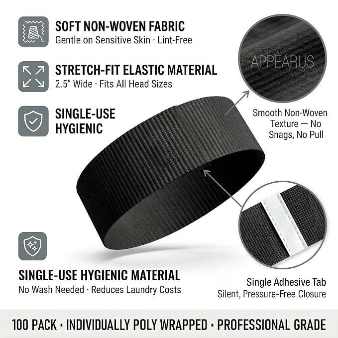 APPEARUS Disposable Stretch Facial Headbands, Snag-Free Adhesive Tab Closure - Image 2