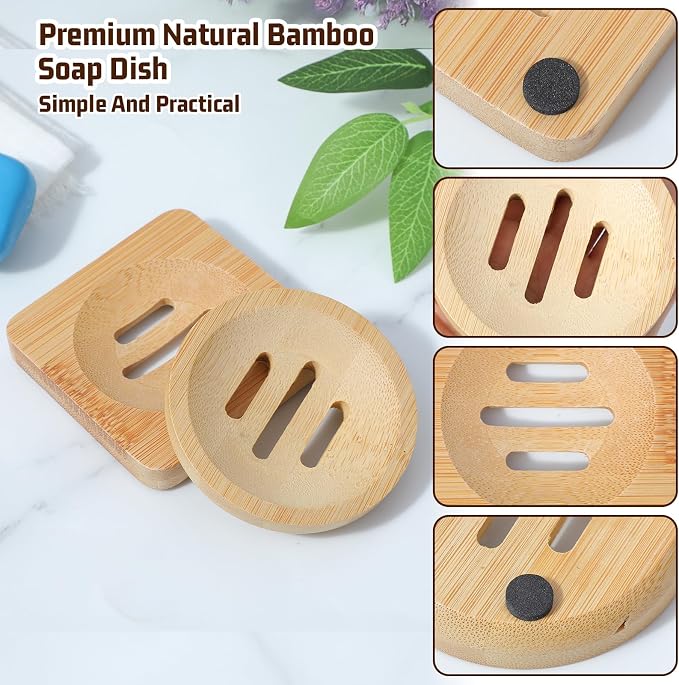 Ymapinc 2-Pack Natural Bamboo Soap Holder, Round+Square Bamboo Soap Dish & - Image 3