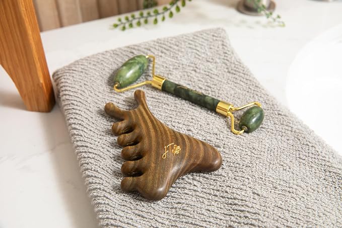 jade & timber Jade Roller & Green Sandalwood Gua Sha Set – Facial & Body - Image 3
