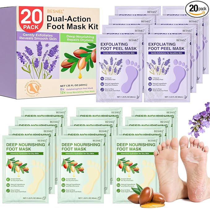 12Pack Moisturizing＆8Pack Foot Peeling Foot Mask, Hydrating Foot Masks Dry by BESNEL