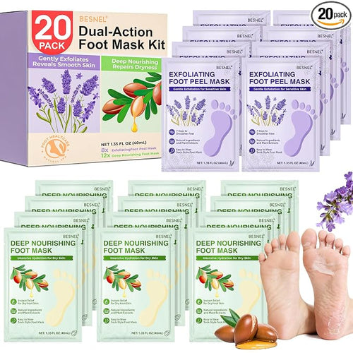 12Pack Moisturizing＆8Pack Foot Peeling Foot Mask, Hydrating Foot Masks Dry by BESNEL