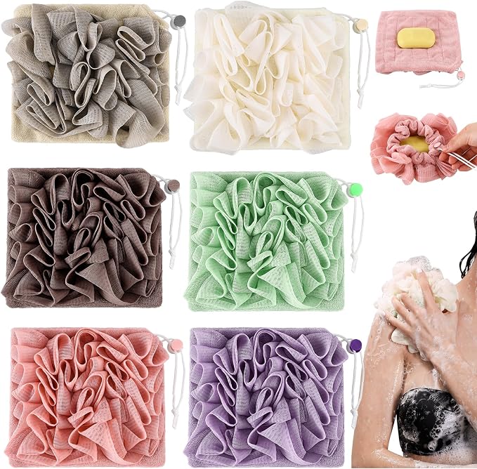 6 Pack Washcloth Loofah Combo 2 in 1 Drawstring Loofah Sponge by Swiffen