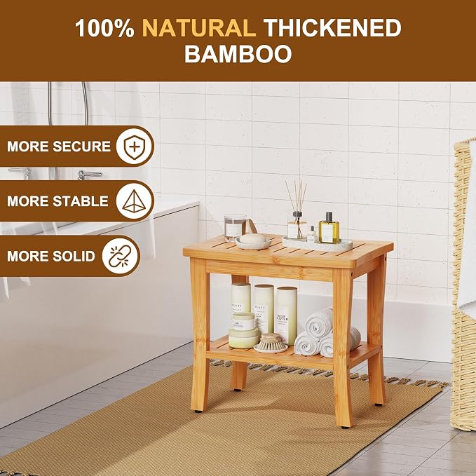Bamboo Shower Bench Stool with Storage Shelf Waterproof Shower Chair Spa Bath - Image 3
