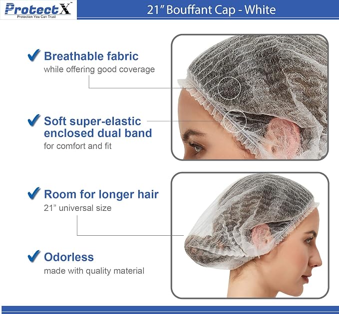 ProtectX 100-Pack White Disposable Hair Nets, Elastic Head Cover, Bouffant Caps - Image 4