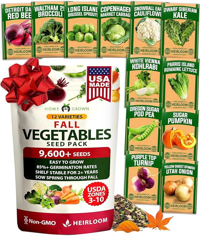 HOME GROWN 12 Fall Vegetable Seeds 9600+ Heirloom Non-GMO, High Germination by HOMEGROWN