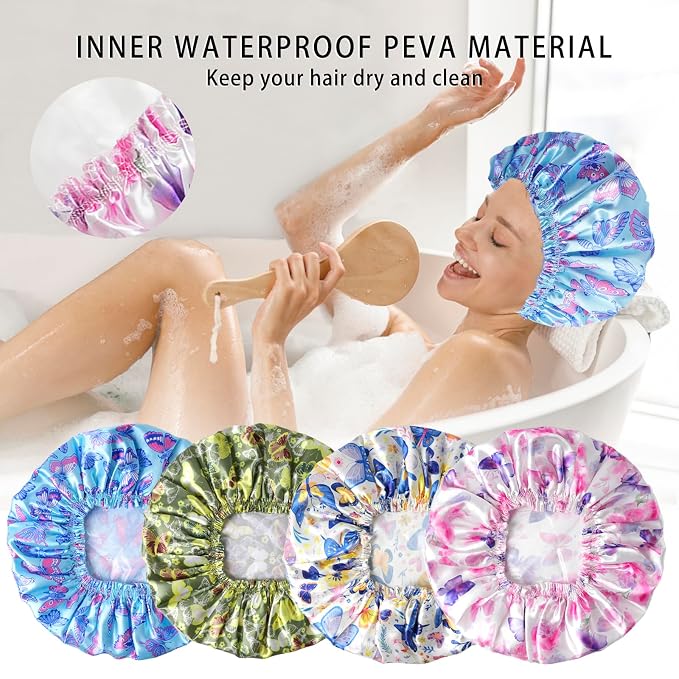 4 PCS Shower Cap for Women, Elastic and Reusable Bath Caps, Double Layers - Image 8