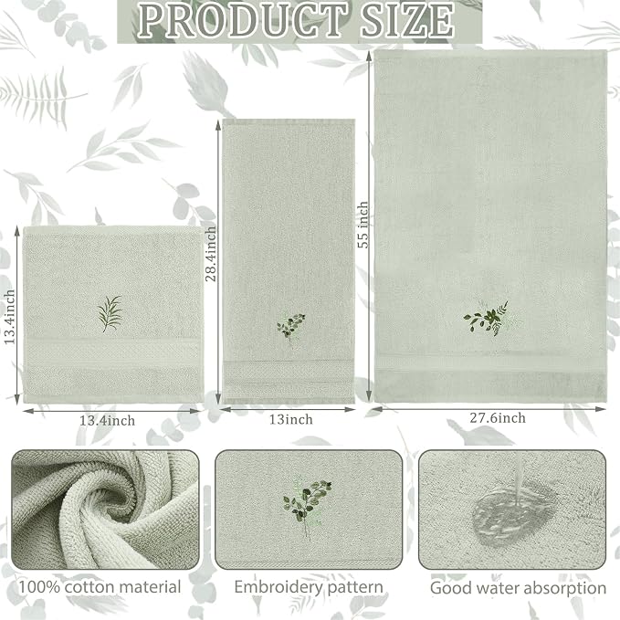 3 Pcs Eucalyptus Leaves Bathroom Towel Set Farmhouse Embroidered Eucalyptus - Image 2