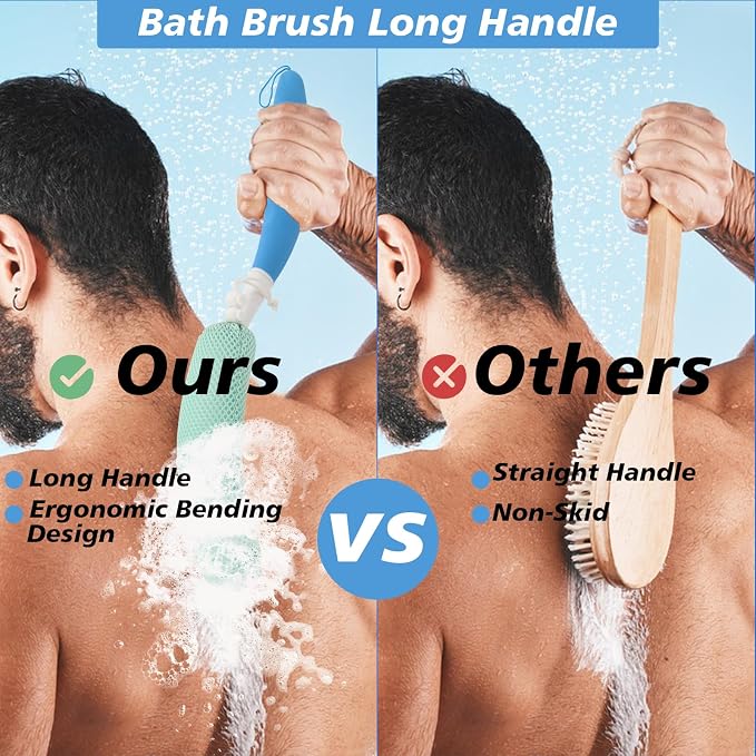 15.35" Back Bath Brush with Sponge, Back Scrubber Bath Mesh with Curved Long - Image 3